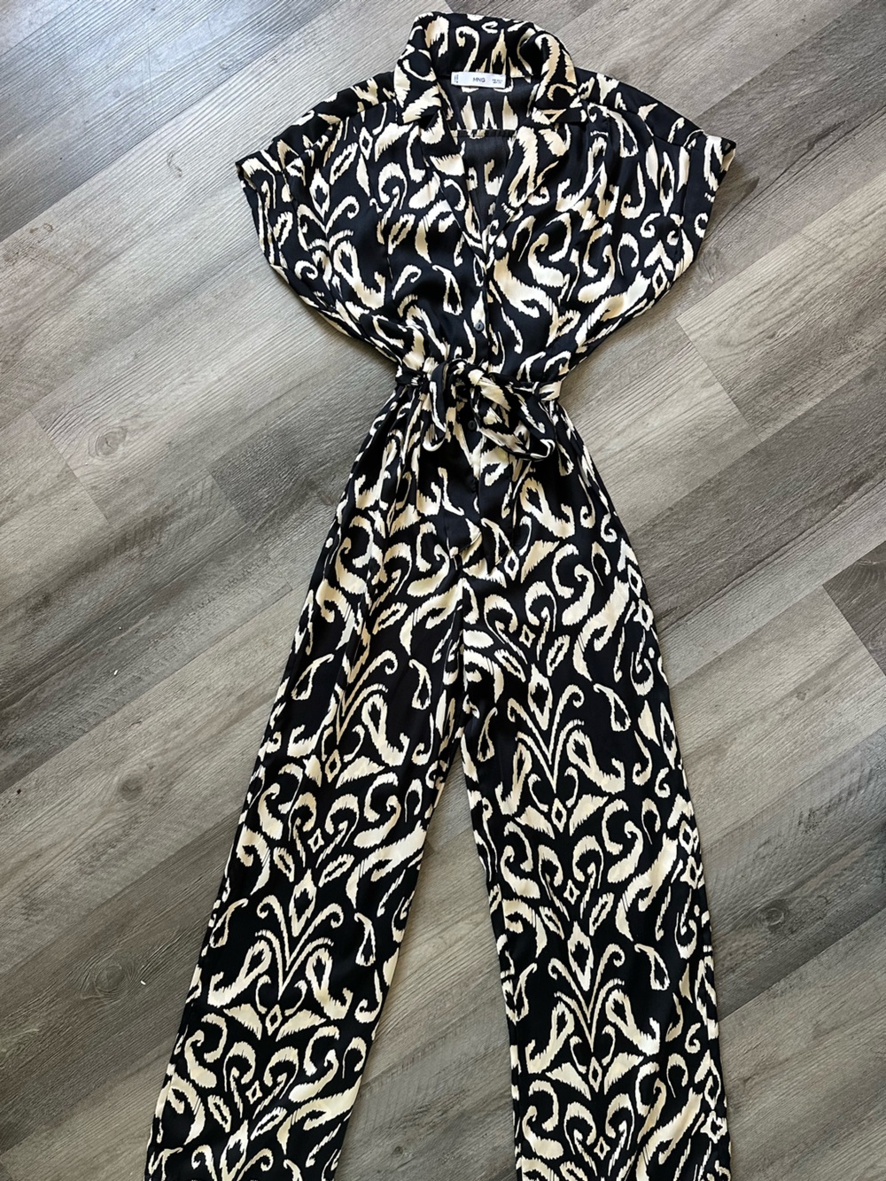 Mango Black & Cream Patterned Wide-Leg Jumpsuit